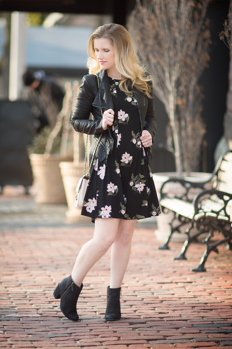 Petite Fashion and Style Blog | Black floral shift dress | Blank NYC Faux Leather Jacket | Click to Read More...