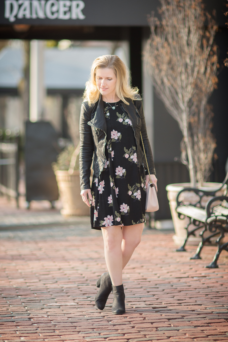 Petite Fashion and Style Blog | Black floral shift dress | Blank NYC Faux Leather Jacket | Click to Read More...