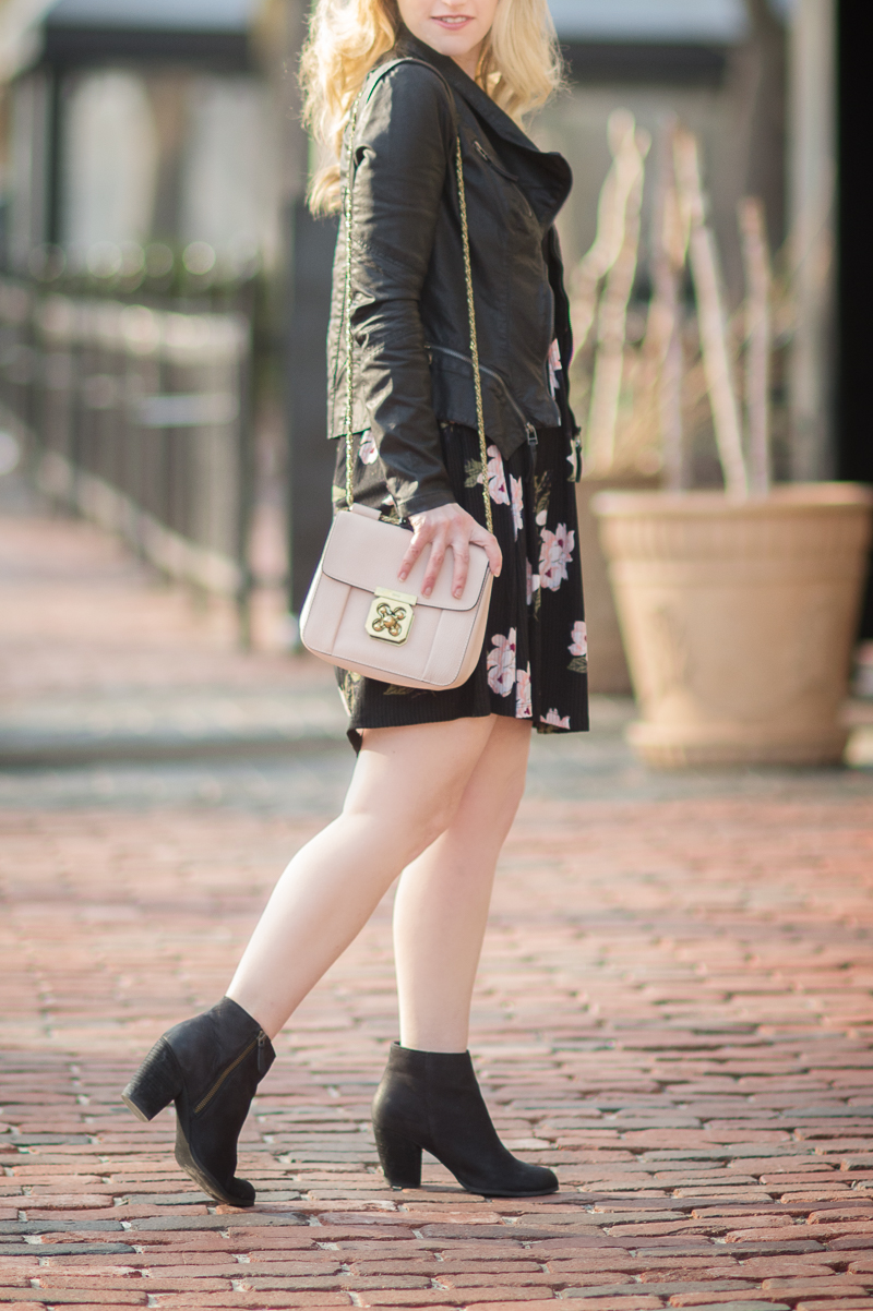 Petite Fashion and Style Blog | Black floral shift dress | Blank NYC Faux Leather Jacket | Click to Read More...