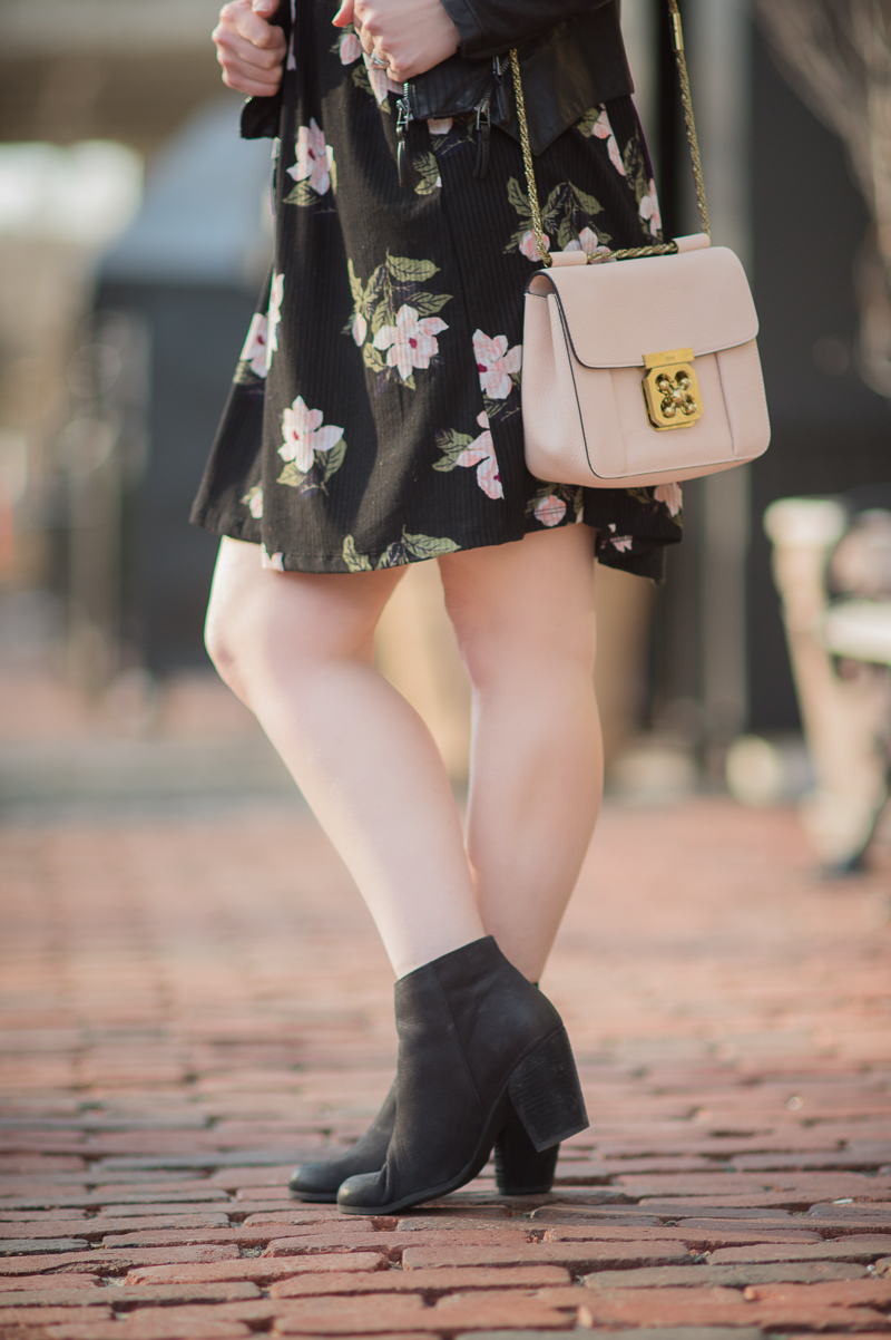 Petite Fashion and Style Blog | Black floral shift dress | Blank NYC Faux Leather Jacket | Click to Read More...