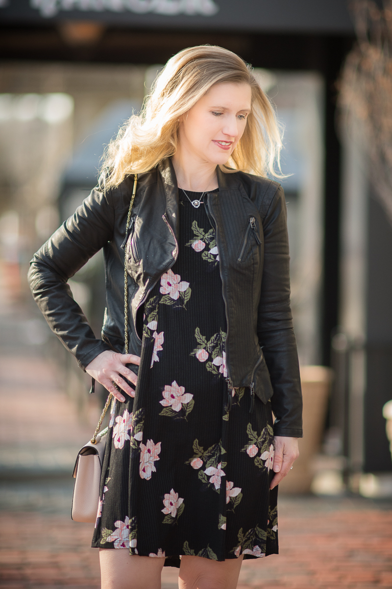 Petite Fashion and Style Blog | Black floral shift dress | Blank NYC Faux Leather Jacket | Click to Read More...