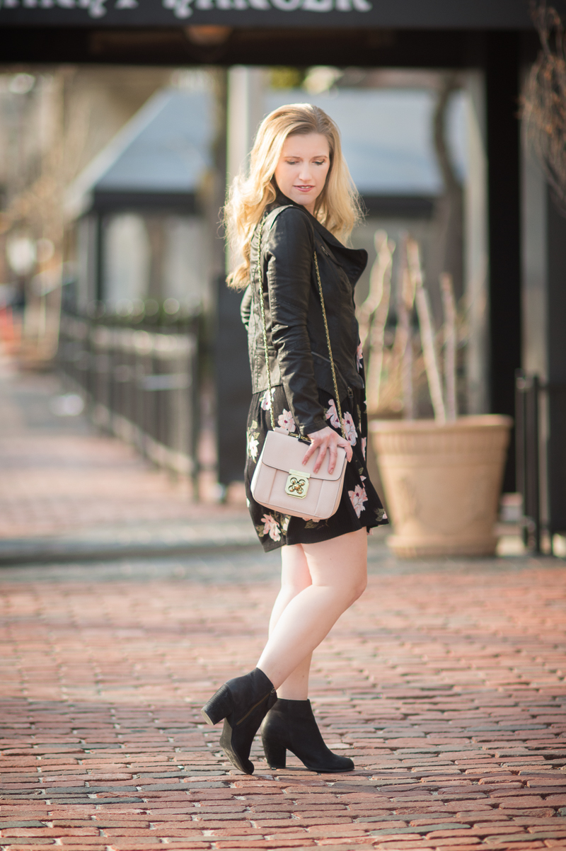 Petite Fashion and Style Blog | Black floral shift dress | Blank NYC Faux Leather Jacket | Click to Read More...