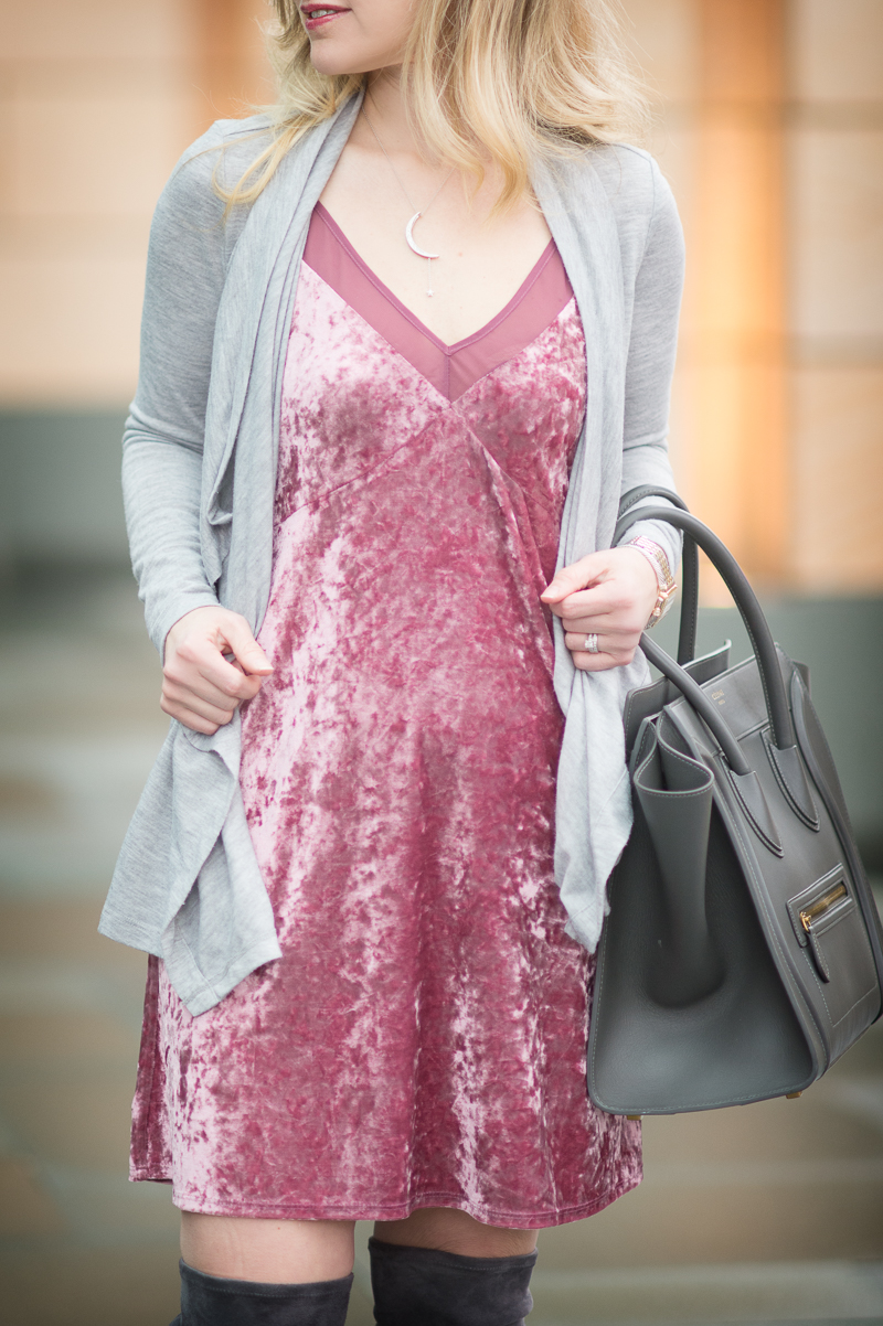 Petite Fashion and Style Blog | Tilly's Full Tilt Velvet Slip Dress | Celine Luggage Bag | Click to Read More...