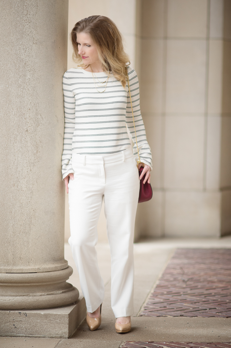 Petite Fashion and Style Blog | Ann Taylor Striped Bell Sleeve Sweater | Ann Taylor Kick Crop Pants | Chloe Drew Red | Click to Read More...