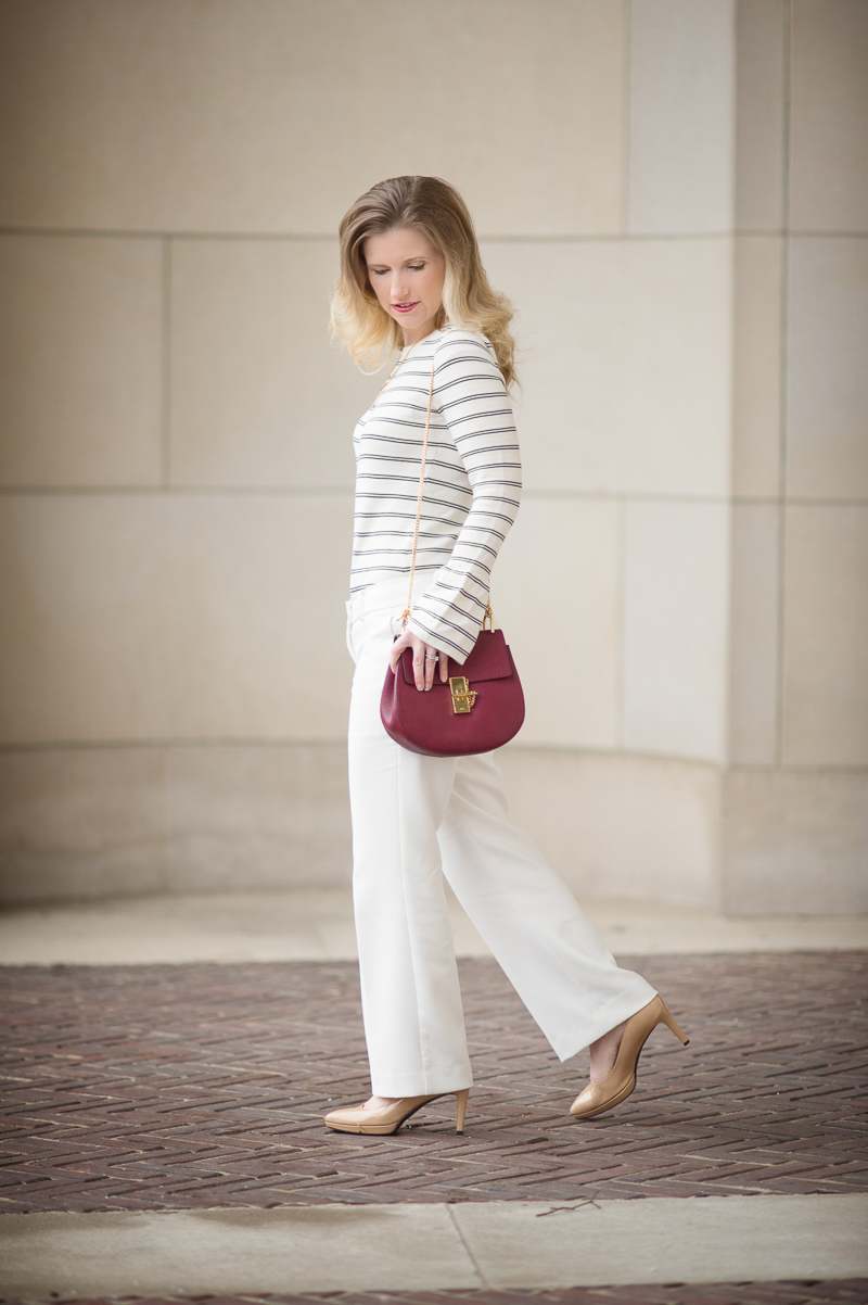 Petite Fashion and Style Blog | Ann Taylor Striped Bell Sleeve Sweater | Ann Taylor Kick Crop Pants | Chloe Drew Red | Click to Read More...
