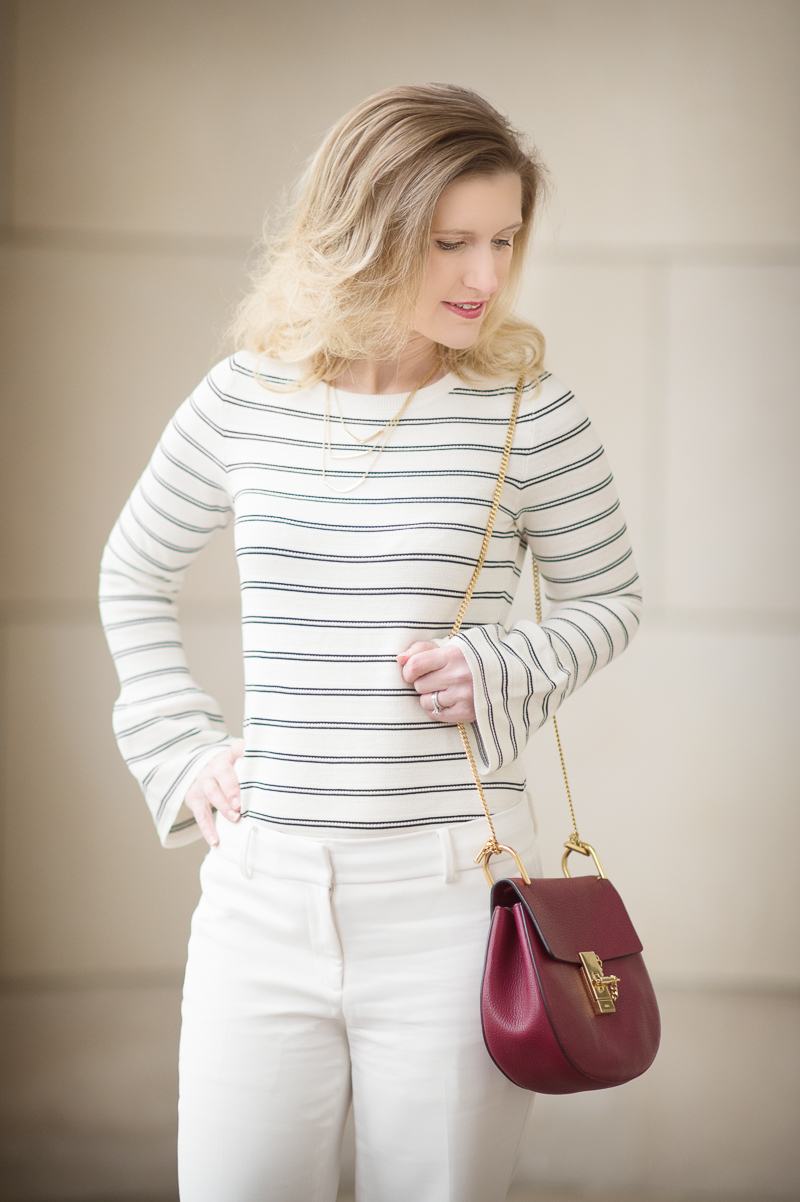 Petite Fashion and Style Blog | Ann Taylor Striped Bell Sleeve Sweater | Ann Taylor Kick Crop Pants | Chloe Drew Red | Click to Read More...