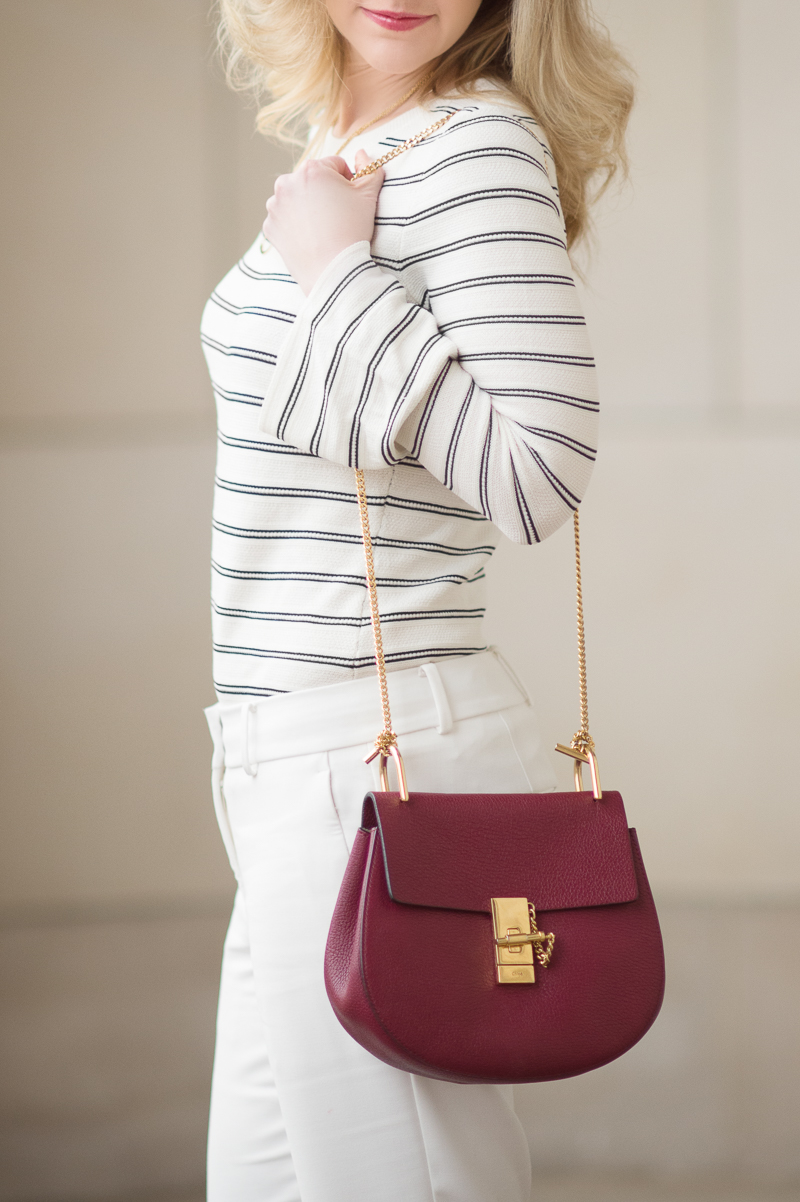 Petite Fashion and Style Blog | Ann Taylor Striped Bell Sleeve Sweater | Ann Taylor Kick Crop Pants | Chloe Drew Red | Click to Read More...