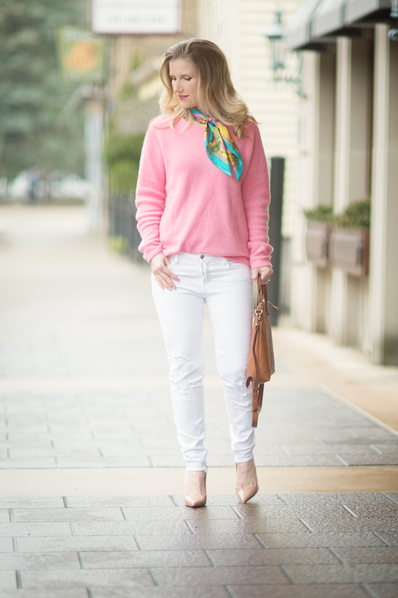Petite Fashion and Style Blog |Anthropologie Pink Sweater | Madewell Tote | Christian Louboutin So Kate Heels | Click to Read More...