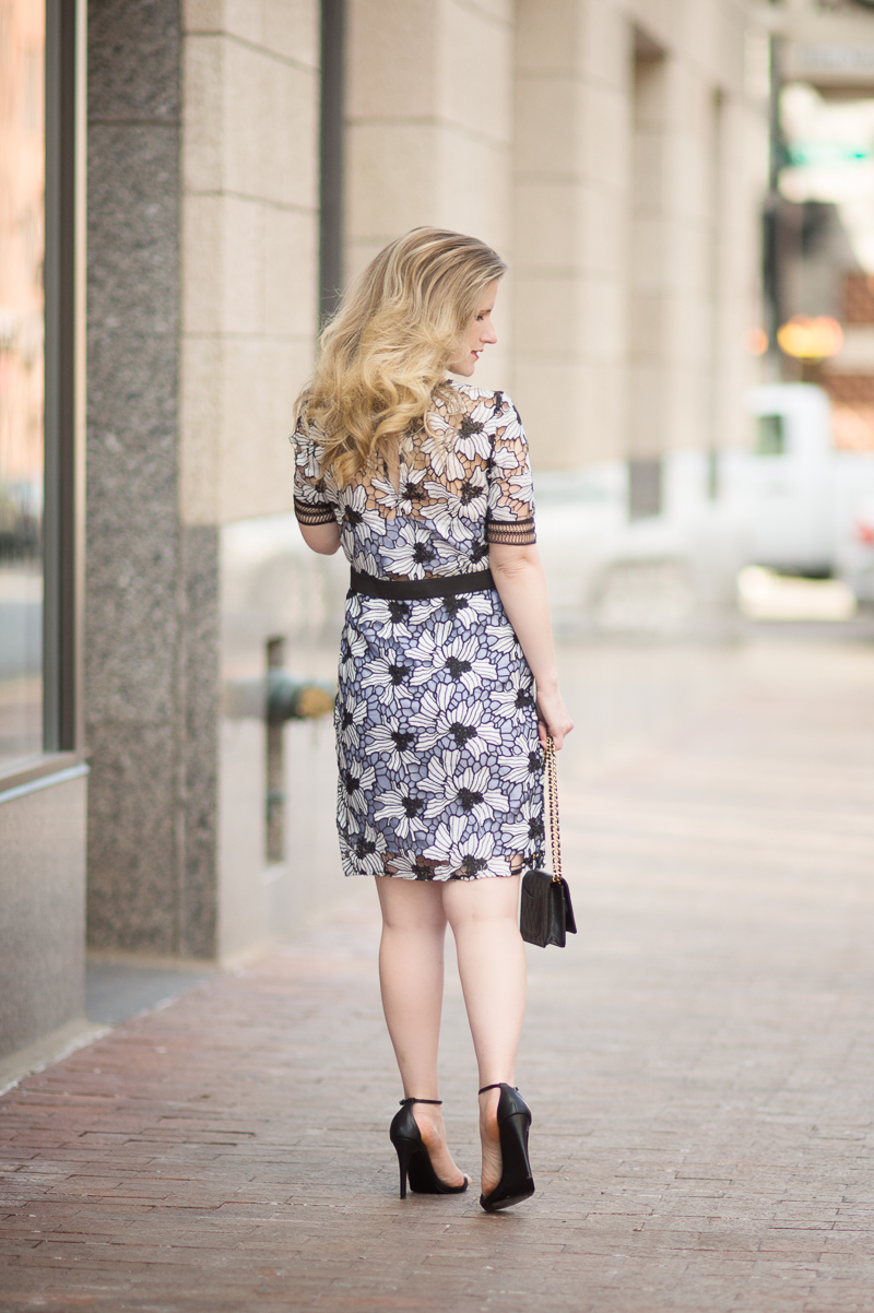 Petite Fashion and Style Blog | Bloomingdale's Aqua Contrast Lace Dress | Click to Read More...