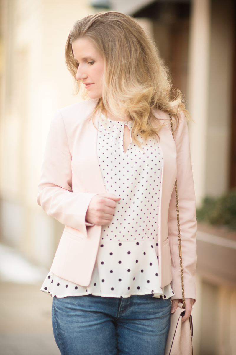 Petite Fashion and Style Blog | Halogen Open Front Jacket | Maison Jules Polka Dot Peplum Top | Click to Read More:...