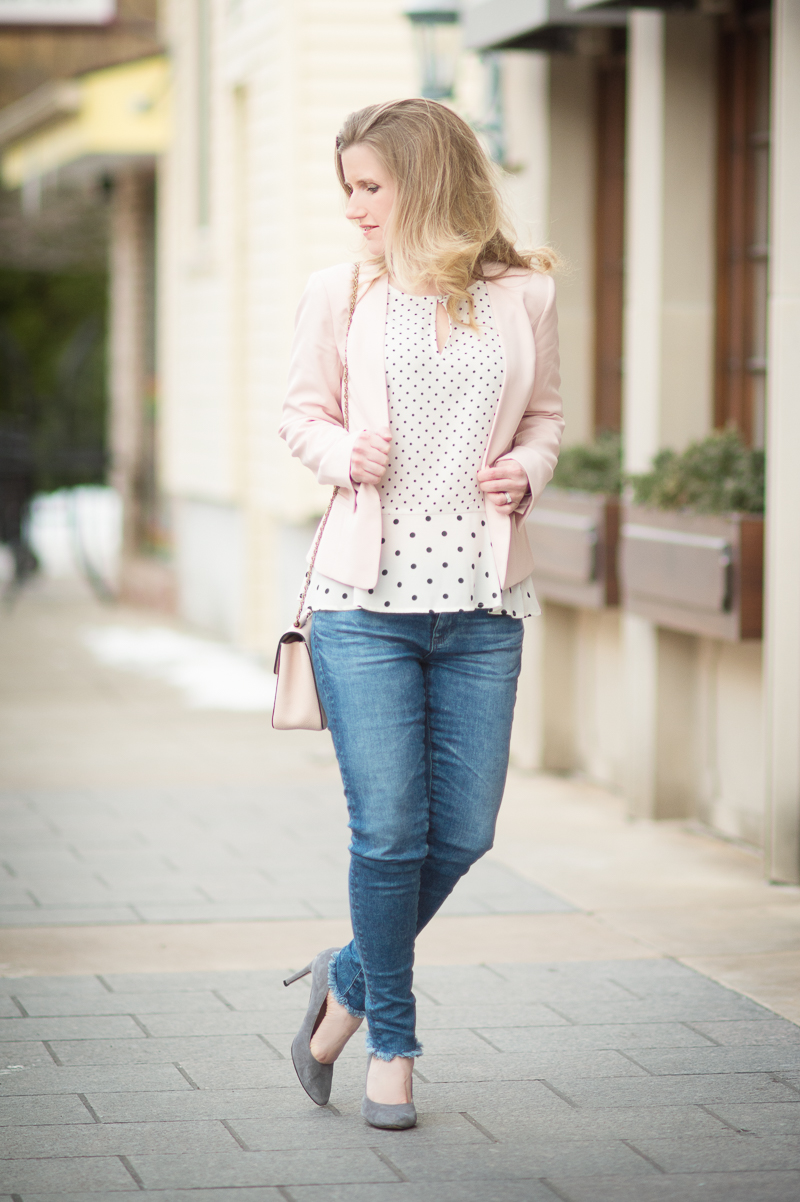 Petite Fashion and Style Blog | Halogen Open Front Jacket | Maison Jules Polka Dot Peplum Top | Click to Read More:...