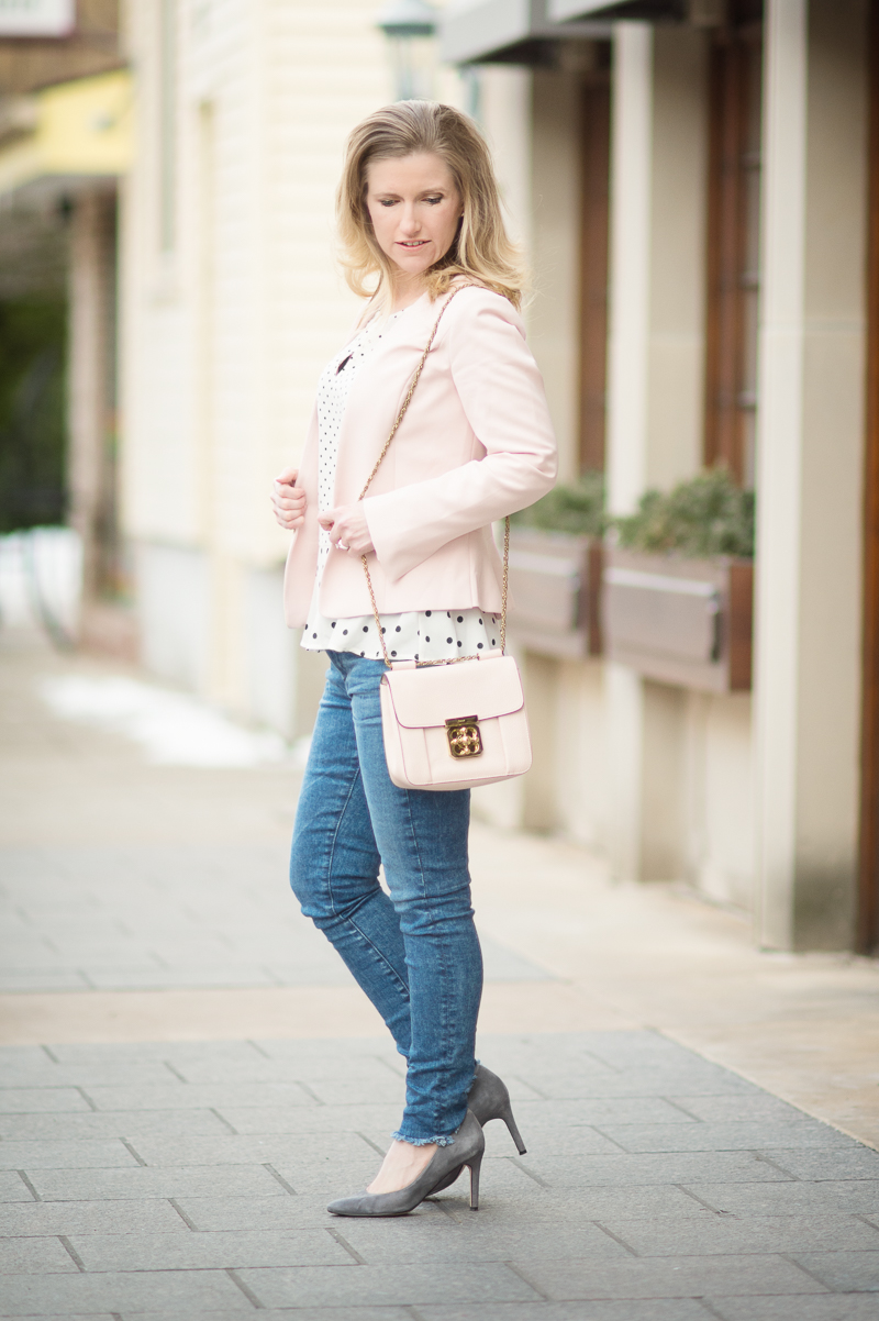 Petite Fashion and Style Blog | Halogen Open Front Jacket | Maison Jules Polka Dot Peplum Top | Click to Read More:...