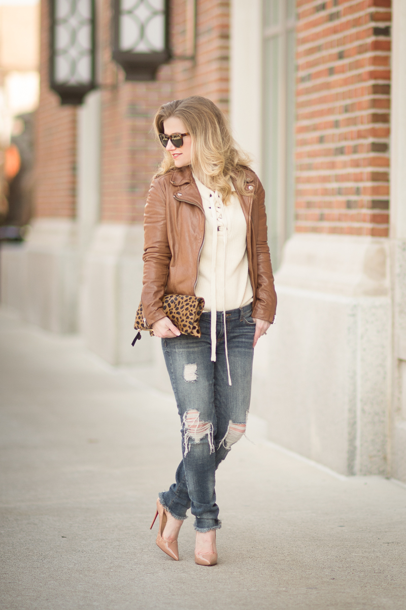 Petite Fashion and Style Blog | J.O.A. Lace Up Sweater | LAMARQUE-Terri Lambskin Leather Moto Jacket | Click to Read More...