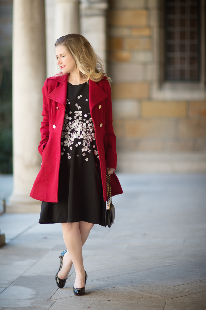 Petite Fashion and Style Blog | Maggy London Gracie Dress | Laundry by Shelli Segal-Double-Breasted Skirted Swing Coat | Click to Read More...