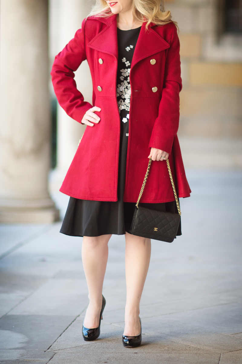 Petite Fashion and Style Blog | Maggy London Gracie Dress | Laundry by Shelli Segal-Double-Breasted Skirted Swing Coat | Click to Read More...