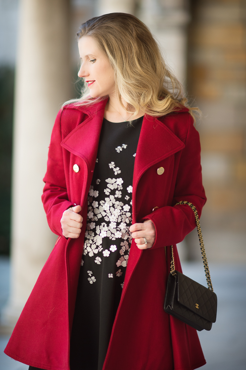 Petite Fashion and Style Blog | Maggy London Gracie Dress | Laundry by Shelli Segal-Double-Breasted Skirted Swing Coat | Click to Read More...