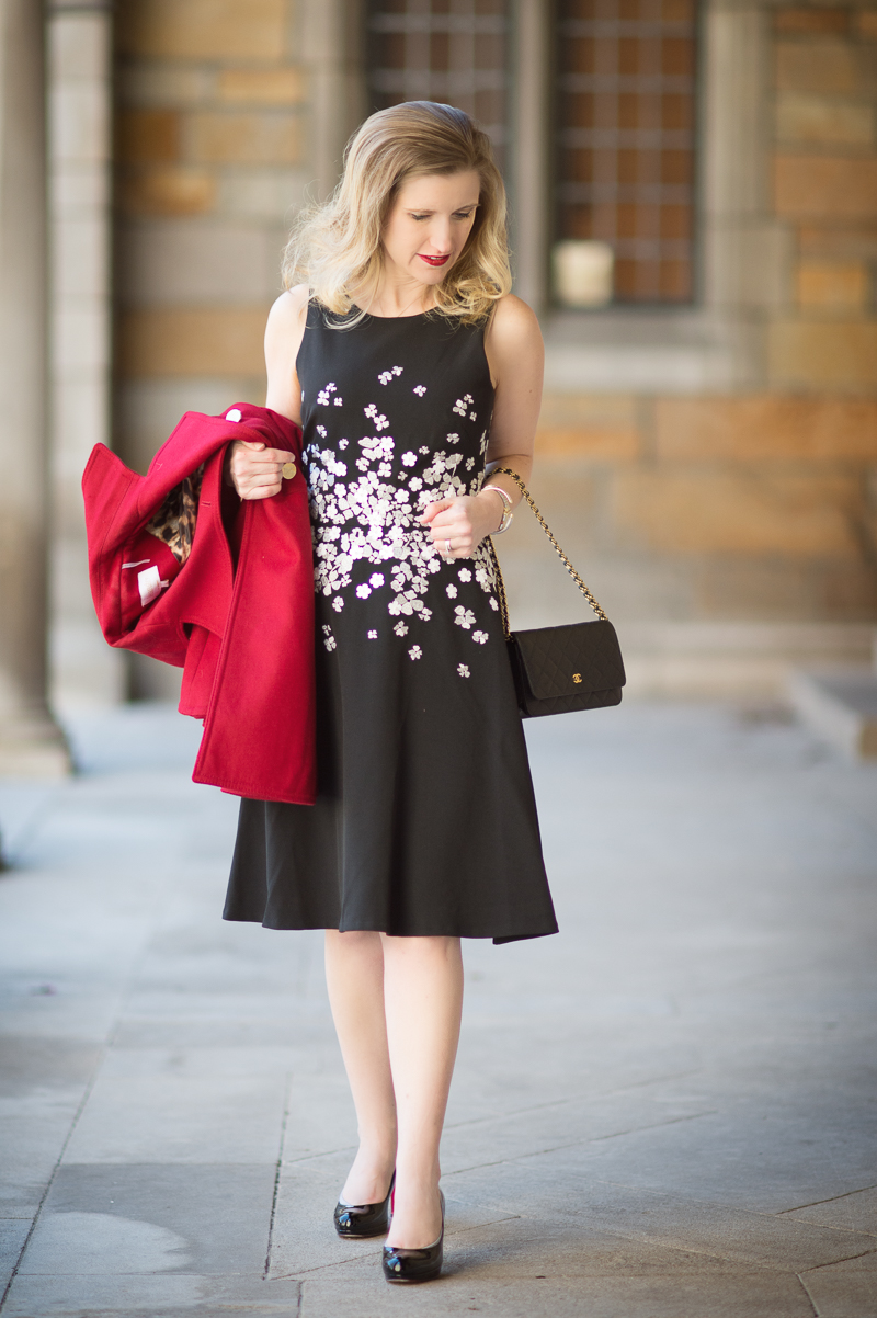 Petite Fashion and Style Blog | Maggy London Gracie Dress | Laundry by Shelli Segal-Double-Breasted Skirted Swing Coat | Click to Read More...