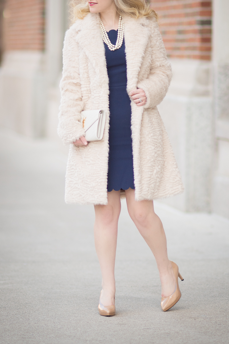 Petite Fashion and Style Blog | Maison Jules Scalloped Sheath Dress | Elisa J. Faux Persian Lamb Coat | Click to Read More...