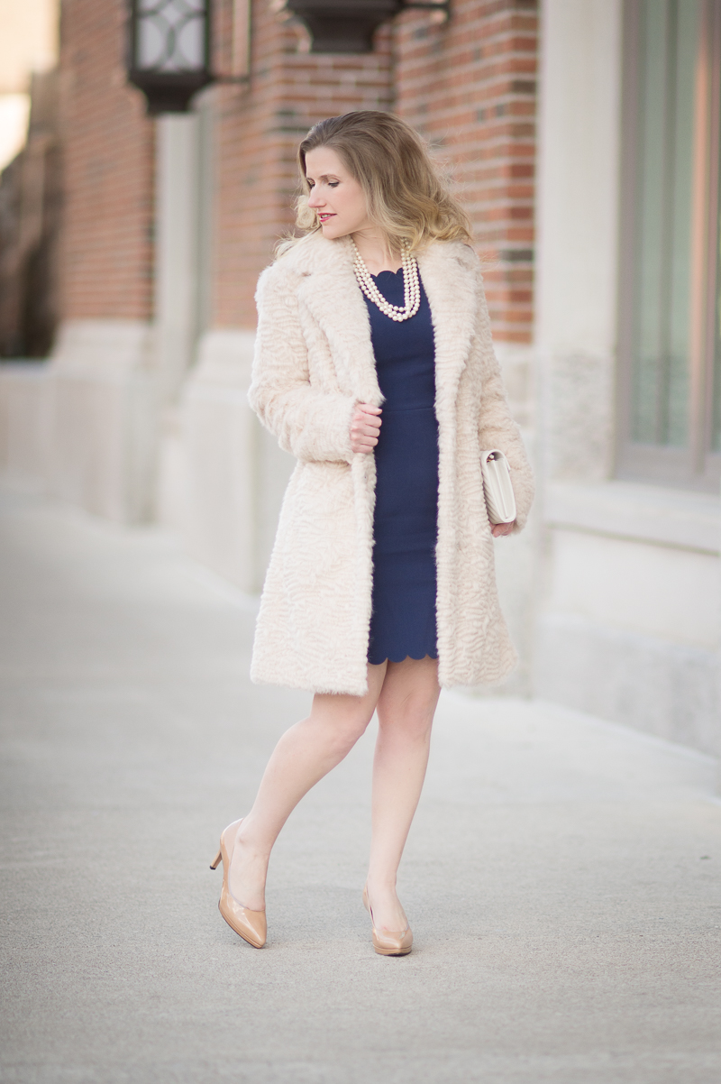Petite Fashion and Style Blog | Maison Jules Scalloped Sheath Dress | Elisa J. Faux Persian Lamb Coat | Click to Read More...