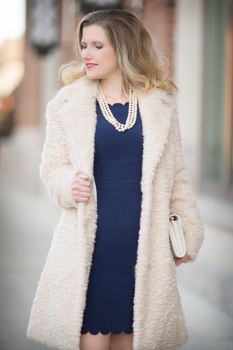 Petite Fashion and Style Blog | Maison Jules Scalloped Sheath Dress | Elisa J. Faux Persian Lamb Coat | Click to Read More...