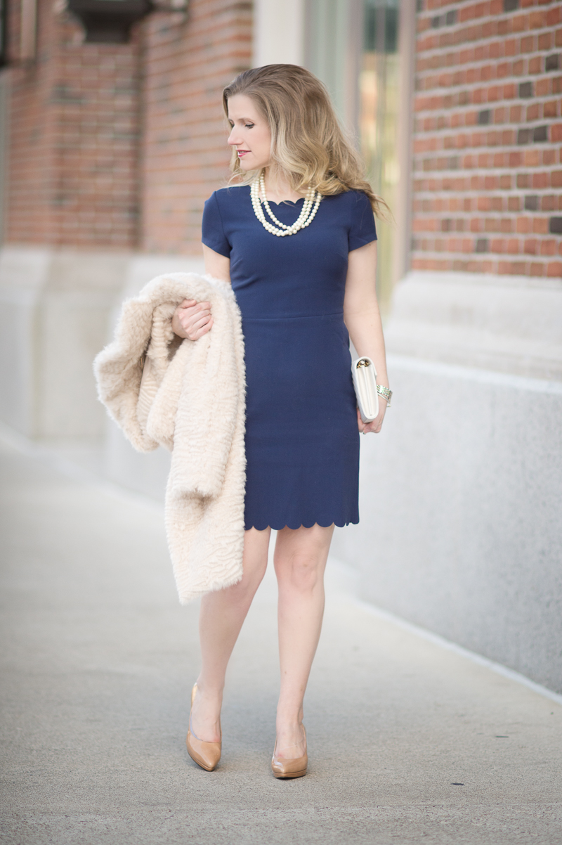 Petite Fashion and Style Blog | Maison Jules Scalloped Sheath Dress | Elisa J. Faux Persian Lamb Coat | Click to Read More...