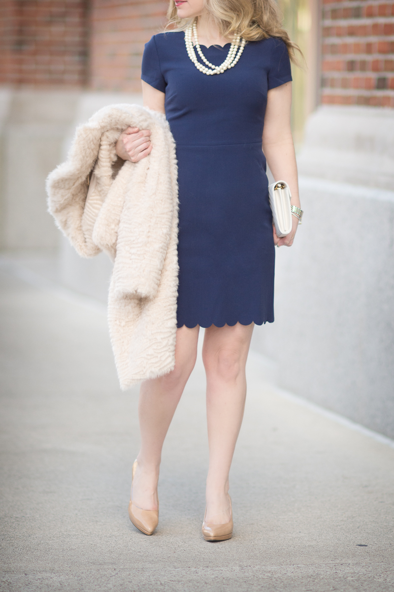 Petite Fashion and Style Blog | Maison Jules Scalloped Sheath Dress | Elisa J. Faux Persian Lamb Coat | Click to Read More...