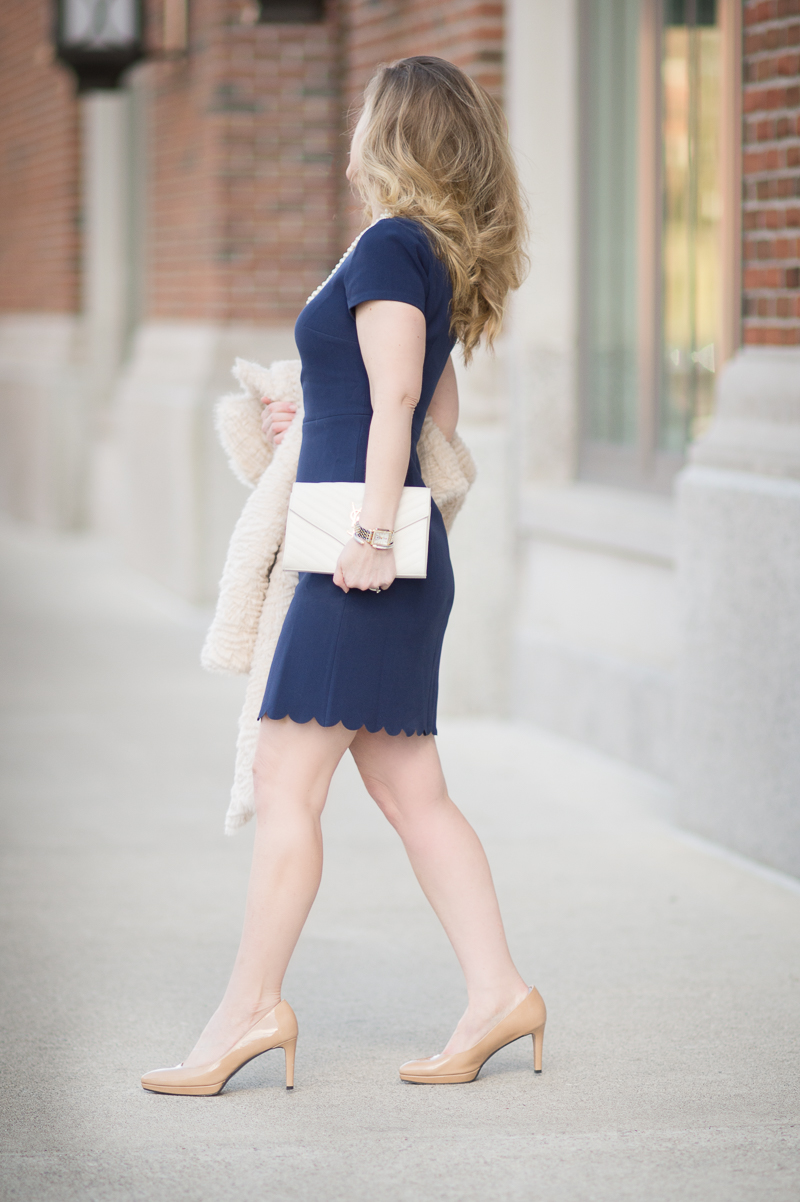 Petite Fashion and Style Blog | Maison Jules Scalloped Sheath Dress | Elisa J. Faux Persian Lamb Coat | Click to Read More...