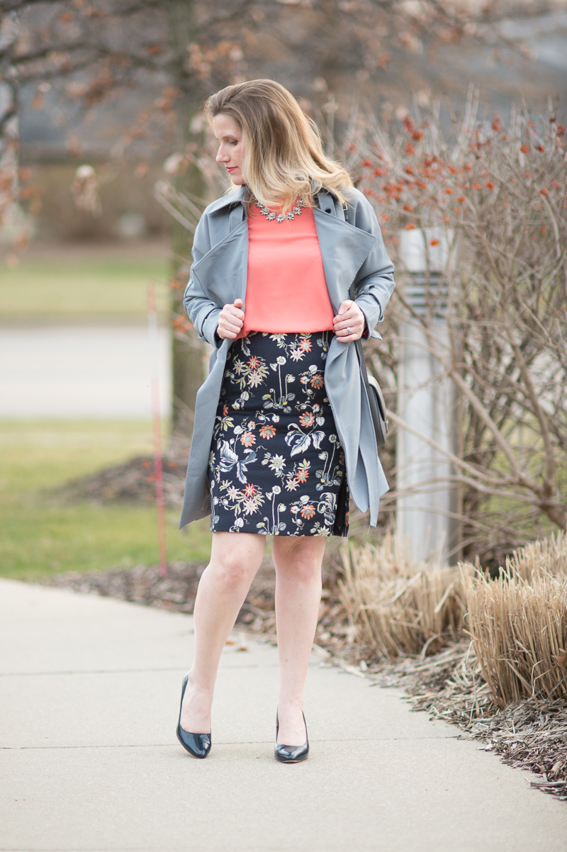 Petite Fashion and Style Blog | Ann Taylor Garden Jacquard Pencil Skirt | Chicwish Textured Belted Trench Coat in Grey | Céline--Small Trotteur Shoulder Bag | Click to Read More...