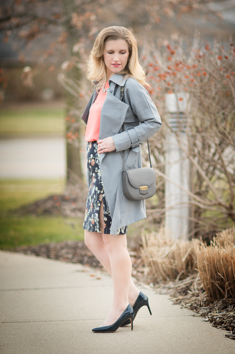 Petite Fashion and Style Blog | Ann Taylor Garden Jacquard Pencil Skirt | Chicwish Textured Belted Trench Coat in Grey | Céline--Small Trotteur Shoulder Bag | Click to Read More...