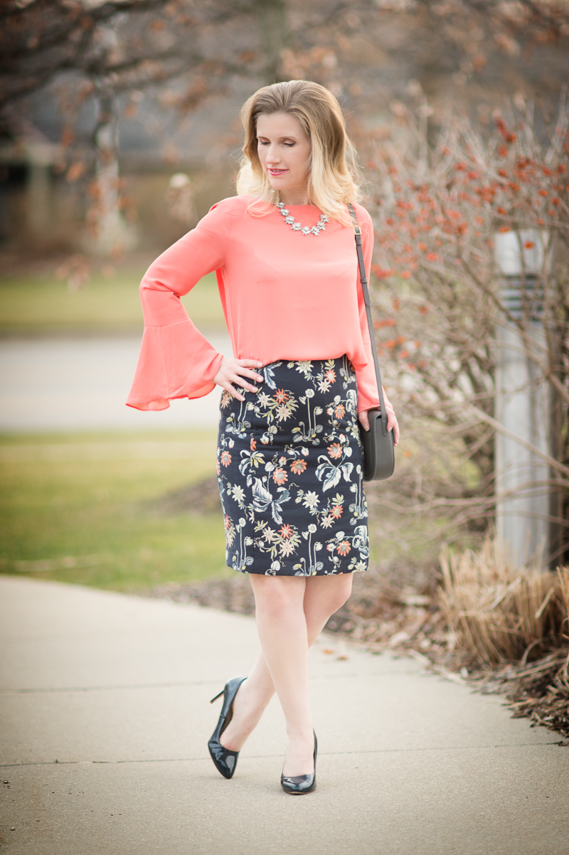 Petite Fashion and Style Blog | Ann Taylor Garden Jacquard Pencil Skirt | Chicwish Textured Belted Trench Coat in Grey | Céline--Small Trotteur Shoulder Bag | Click to Read More...