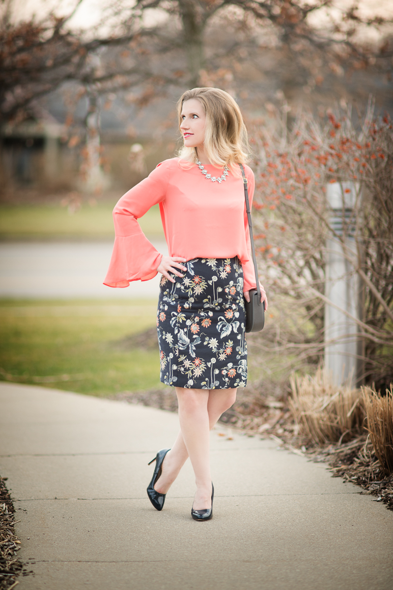 Petite Fashion and Style Blog | Ann Taylor Garden Jacquard Pencil Skirt | Chicwish Textured Belted Trench Coat in Grey | Céline--Small Trotteur Shoulder Bag | Click to Read More...