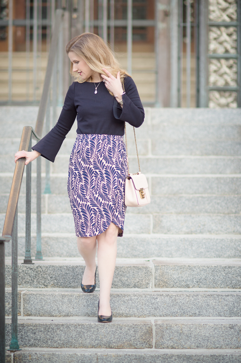 Petite Fashion and Style Blog | Ann Taylor Leaf Petal Pencil Skirt | Ann Taylor Bell Sleeve Sweater | Click to Read More...