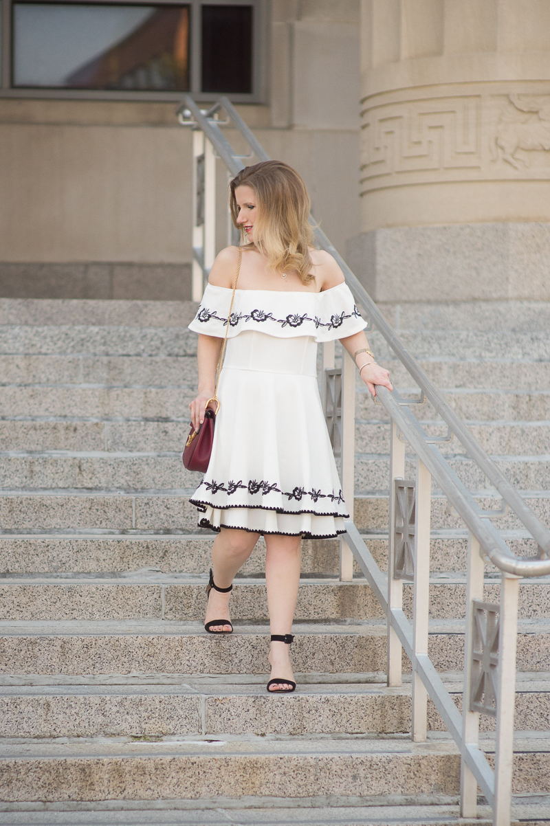 Petite Fashion and Style Blog | Francesca's Leda Embroidered Off Shoulder Dress | Ann Taylor Suede Block Heel Sandals | Click to Read More...-