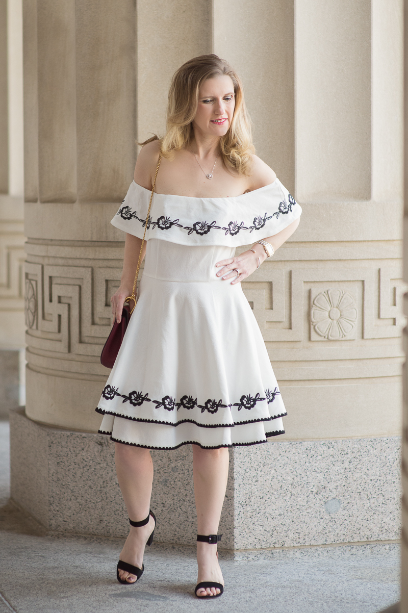 Petite Fashion and Style Blog | Francesca's Leda Embroidered Off Shoulder Dress | Ann Taylor Suede Block Heel Sandals | Click to Read More...-