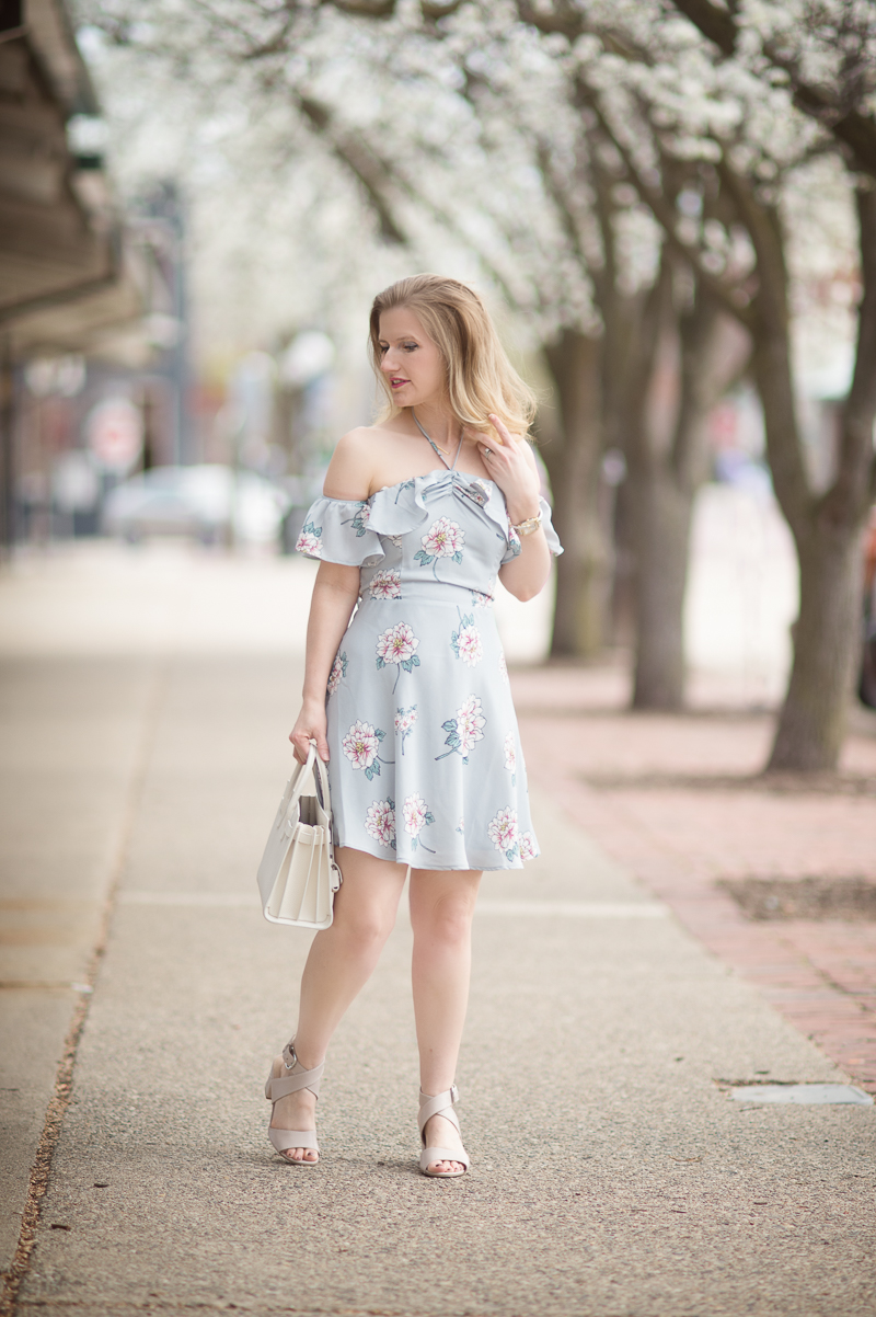 Petite Fashion and Style Blog | J.O.A. Off the Shoulder Mini Dress in Grey Multi