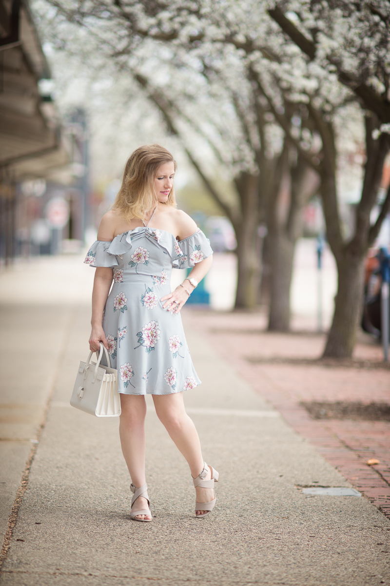Petite Fashion and Style Blog | J.O.A. Off the Shoulder Mini Dress in Grey Multi