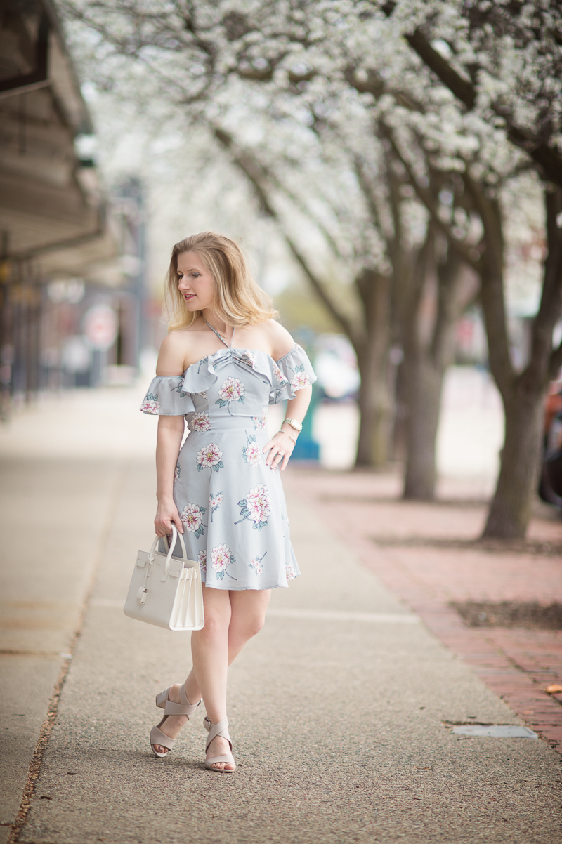 Petite Fashion and Style Blog | J.O.A. Off the Shoulder Mini Dress in Grey Multi