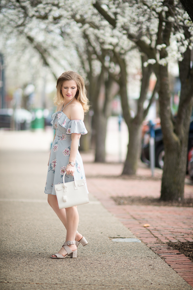 Petite Fashion and Style Blog | J.O.A. Off the Shoulder Mini Dress in Grey Multi