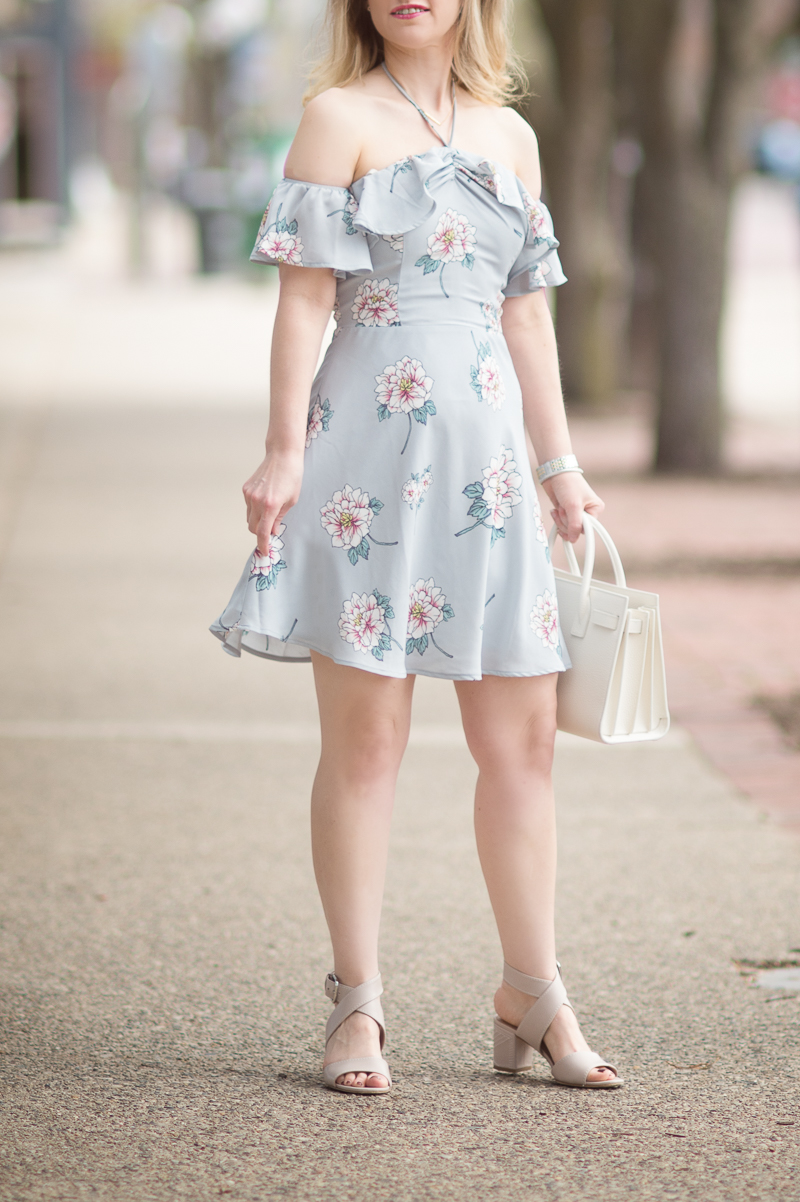 Petite Fashion and Style Blog | J.O.A. Off Shoulder Mini Dress in Grey Multi