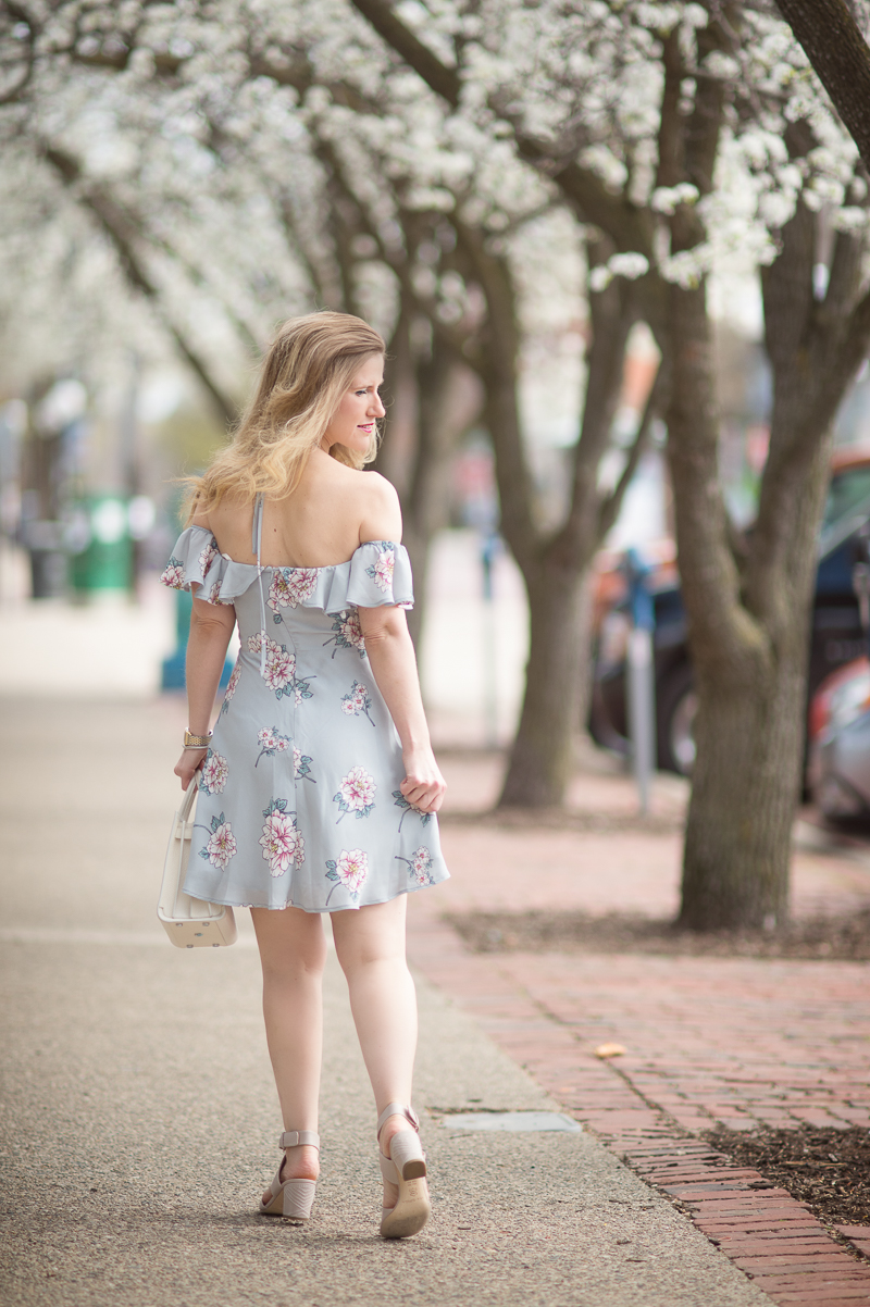 Petite Fashion and Style Blog | J.O.A. Off the Shoulder Mini Dress in Grey Multi