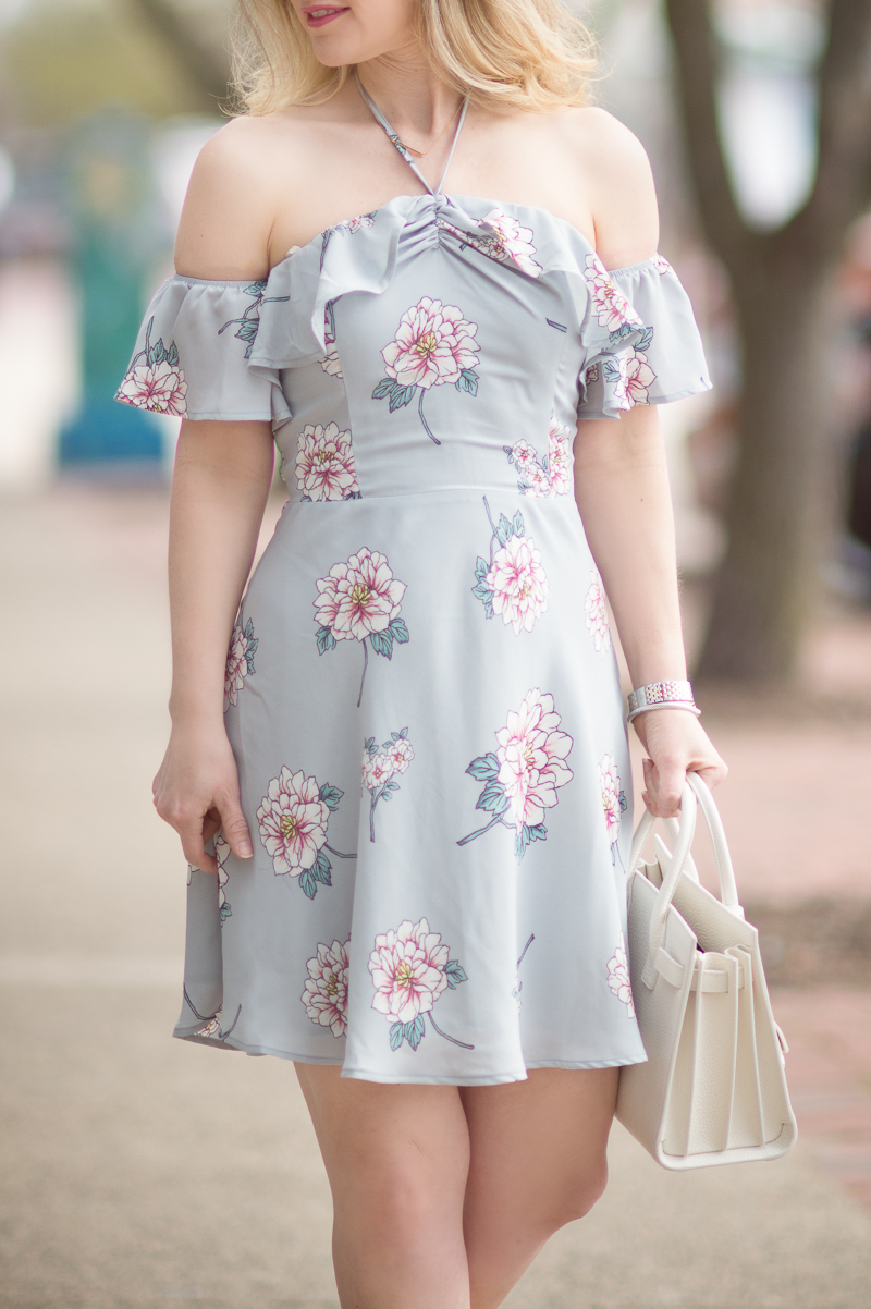Petite Fashion and Style Blog | J.O.A. Off the Shoulder Mini Dress in Grey Multi