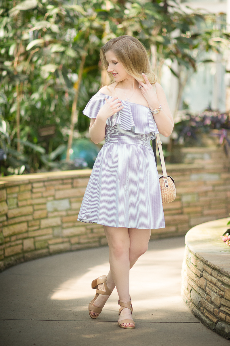 Petite Fashion and Style Blog | J.O.A. One Shoulder Stripe Mini Dress | Sea and Grass Ava Crossbody | Click to Read More...