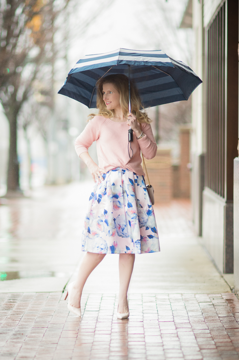 Petite Fashion and Style Blog | Loft Ribbed Pointelle Sweater | Chi ChiLondon Justice Skirt | Kate Spade Jubilee Stripe Umbrella | YSL Wallet on Chain | Click to Read More... 