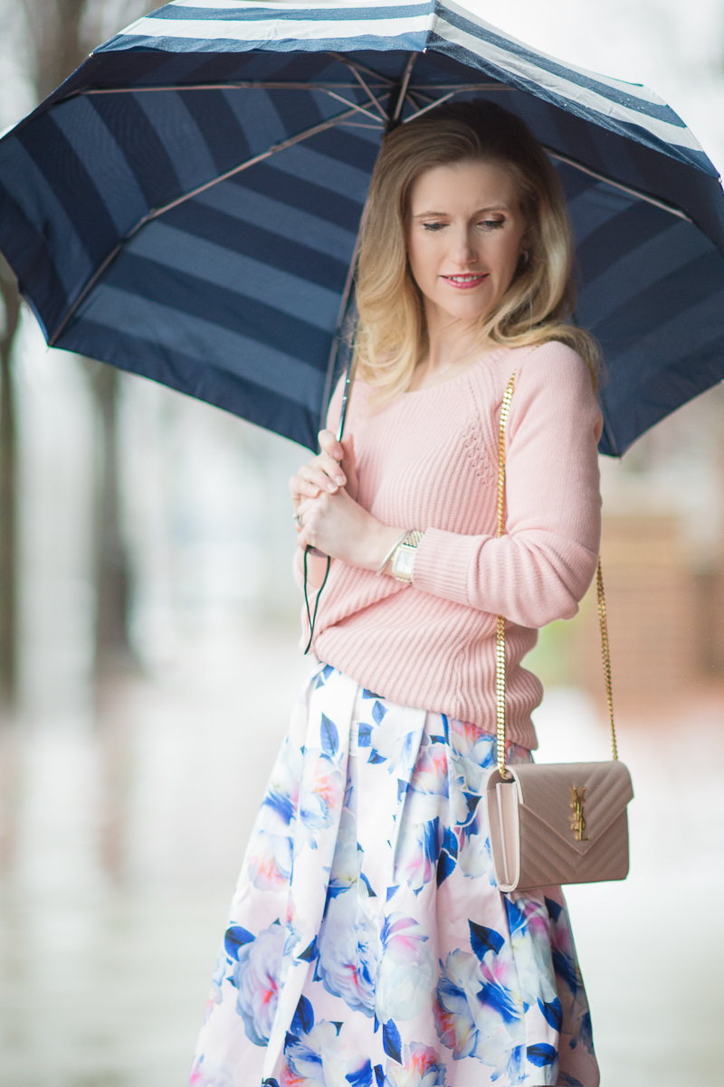 Petite Fashion and Style Blog | Loft Ribbed Pointelle Sweater | Chi ChiLondon Justice Skirt | Kate Spade Jubilee Stripe Umbrella | YSL Wallet on Chain | Click to Read More... 