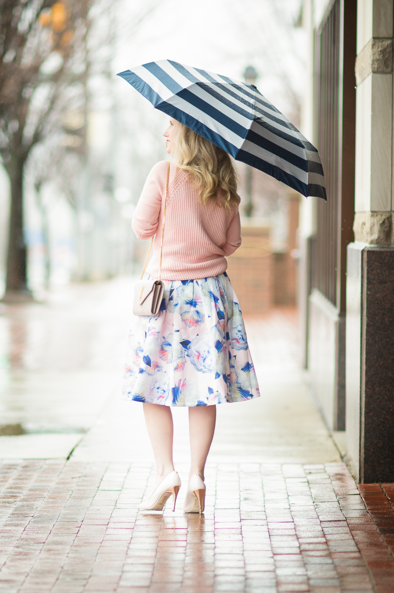 Petite Fashion and Style Blog | Loft Ribbed Pointelle Sweater | Chi ChiLondon Justice Skirt | Kate Spade Jubilee Stripe Umbrella | YSL Wallet on Chain | Click to Read More... 