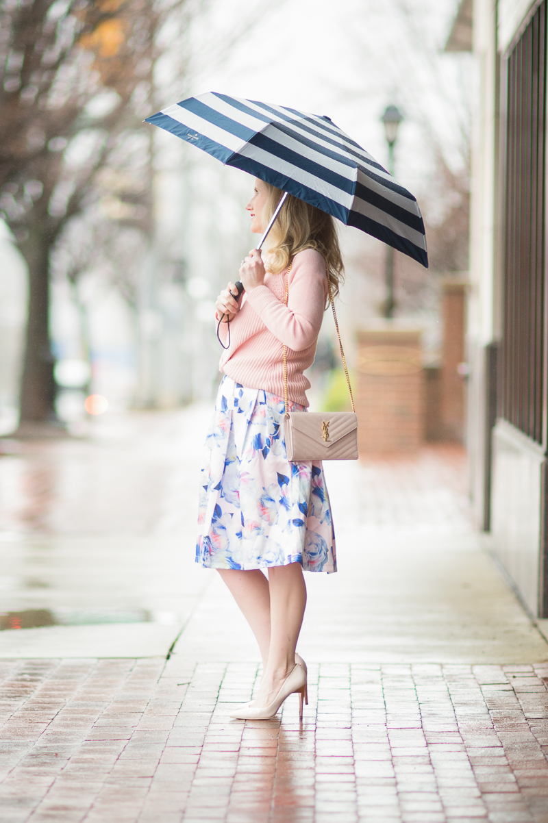 Petite Fashion and Style Blog | Loft Ribbed Pointelle Sweater | Chi ChiLondon Justice Skirt | Kate Spade Jubilee Stripe Umbrella | YSL Wallet on Chain | Click to Read More... 