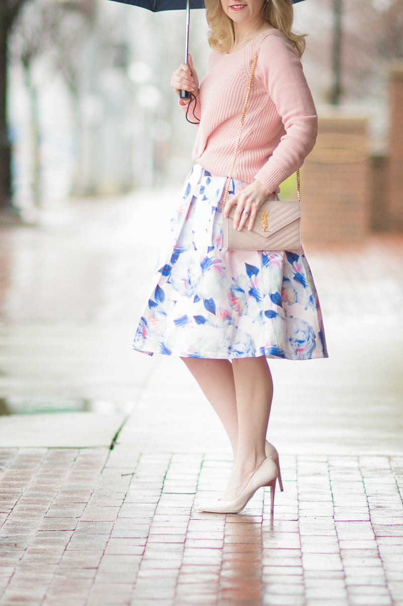 Petite Fashion and Style Blog | Loft Ribbed Pointelle Sweater | Chi ChiLondon Justice Skirt | Kate Spade Jubilee Stripe Umbrella | YSL Wallet on Chain | Click to Read More... 