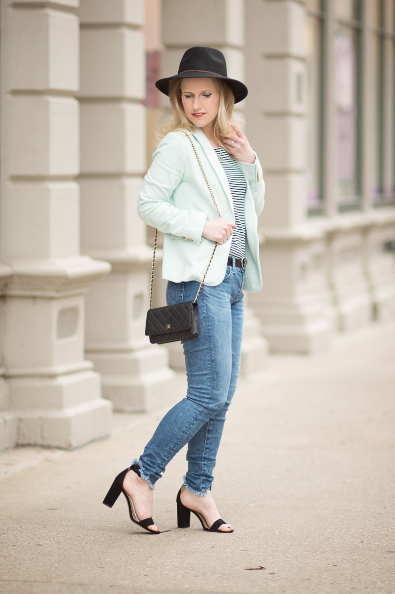 Petite Fashion and Style Blog | Talbots Pique Knit Blazer | Splendid Striped Off the Shoulder Top | YSL belt | Ann Taylor Leda Suede Block Heel Sandals | Click to Read More...