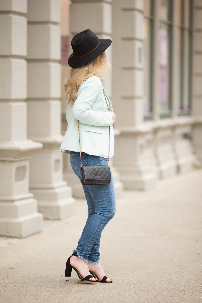 Petite Fashion and Style Blog | Talbots Pique Knit Blazer | Splendid Striped Off the Shoulder Top | YSL belt | Ann Taylor Leda Suede Block Heel Sandals | Click to Read More...