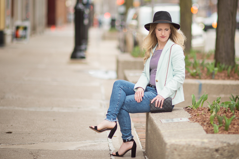 Petite Fashion and Style Blog | Talbots Pique Knit Blazer | Splendid Striped Off the Shoulder Top | YSL belt | Ann Taylor Leda Suede Block Heel Sandals | Click to Read More...